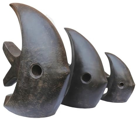 STONE art & more Set di pesci astratti, 50, 80 e 100 cm, statuette in pietra, materiale GRC, nero-marrone antico, decorazione per piscina e giardino, resistente al gelo