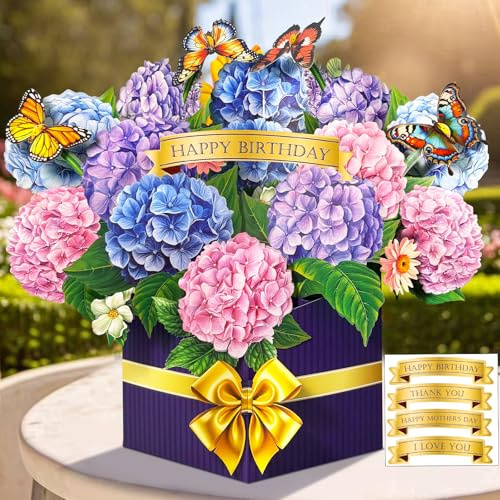 Happivue Birthday Cards for Women, 3D Hydrangea Pop Up Birthday Card | Greeting Cards for Mother's Day, Anniversary, Congratulations, Get Well, Than You, with Envelope and Notecard, Home Decor