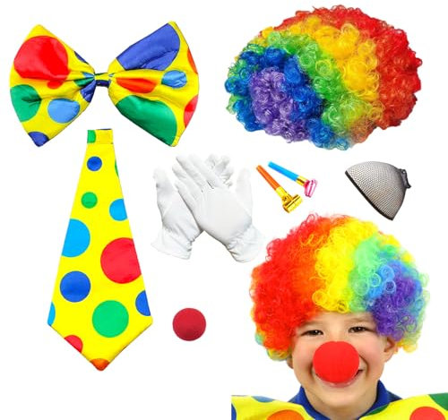 AYNKH 7-teiliges Clown-Kostüm-Zubehör-Set, Afro-Regenbogen-Perücke, Clownsnase, bunte Krawatte, bunte Fliege, Handschuhe, Pfeife, Haarnetz für Rollenspiele, Karneval, Karneval