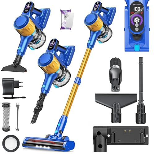 KESSER® Akku Staubsauger kabellos bis 60 Min. Laufzeit & Leise | Akkustaubsaguer mit LED Display Stabstaubsauger beutellos mit Anti-Tangle-Bodenbürste für Hartböden Teppich + Duftscheibe, Hepa Filter