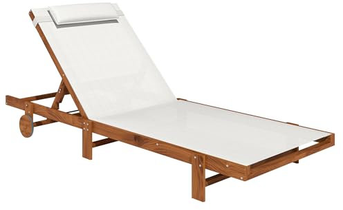 Outsunny Sonnenliege aus Holz Liegestuhl mit Rollen 4-fach verstellbare Rückenlehne Kopfstütze und breite Sitzfläche aus Textilene Sonnenliege Garten Outdoor Pool Terrasse, 84x200x101cm, weiß