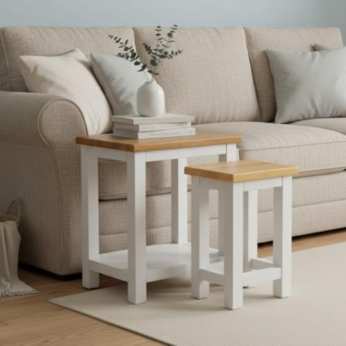 GROF GROFurniture White Set of 2 Side Tables - 2-Tier Sofa Side Tables with Oak Top, Wooden Bedside Tables, for Living Room, Bedroom, Home Office, End Tables Large & Small