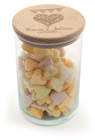 GRAVURZEILE Vorratsglas mit graviertem Holzdeckel - Herz - Personalisiert mit Name & Datum - Keksdose Bonbonglas mit Deckel - Vorratsdose - Geschenk für Paare zur Hochzeit - 880 ml