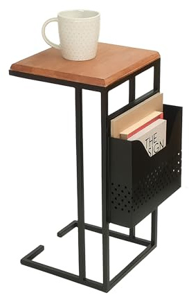 Relaxdays Beistelltisch mit Zeitungsablage, HBT: 63x30x37 cm, Holz, Metall, C-Form, Industrial Sofatisch, braun/schwarz