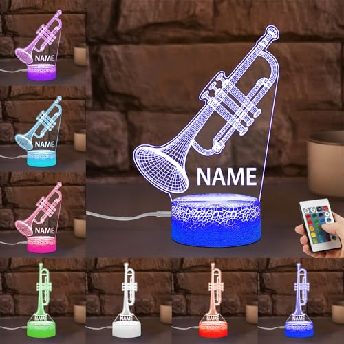Benutzerdefinierter Name Trompete Nacht Licht Geschenk für Musikliebhaber, personalisierte 16 Farben LED Licht Up 3D Illusion Musik Trompete Lampe Zimmer Dekor Weihnachten Geburtstagsgeschenke