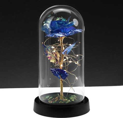 QWORK Flores de regalo de rosa azul con luz LED en cúpula de cristal, regalo de cumpleaños para mujeres