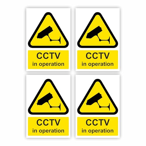4-Pack CCTV In Operation Self Adhesive Signs / 7x10cm Each (Pack of 4) / Portrait Orientation Removable & Wipeable/Indoor or Outdoor Stickers/Gloss Finish /
