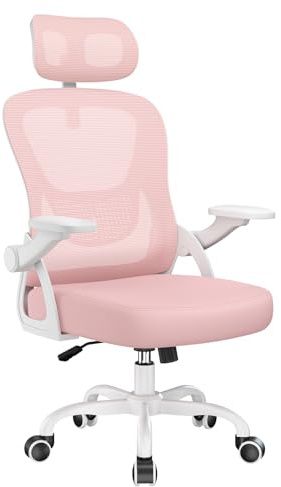 rattantree Silla de Oficina Ergonómica, Silla Escritorio con Reposabrazos Abatibles, Reposacabezas Y Respaldo, Silla ergonomica Pequeña con Basculante De hasta 115°, Malla Silla de Oficina, Rosa