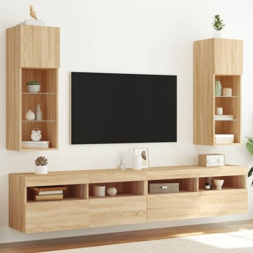 Mokuyary TV Cabinets with LED Lights, Pack of 2, Sonoma Oak, 30.5 x 30 x 90 cm, Hanging TV Bench with Compartments and Door, Floating Wall Mounted TV Cabinet, TV Lowboard TV Stand for Living Room