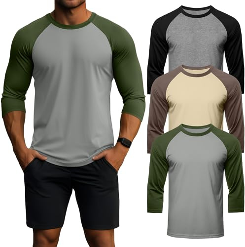 Geyoga 3 Pack Men's 3/4 Sleeve Shirts Crew Neck Baseball T Shirts Moisture Wicking Athletic Tops