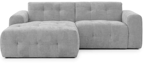 Modernes Ecksofa mit Ottomane links und raffinierten Steppungen, B234/T161/H79 cm, mit Wellenunterfederung, angenehm weicher, strapazierfähiger Chenille-Bezug in Hellgrau / 21044