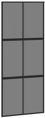 Foknhdi Porta scorrevole nera, 90 x 205 cm, in vetro temperato e alluminio, moderna porta scorrevole in vetro scuro per interni, porta salvaspazio, con telaio sottile e linea decorativa