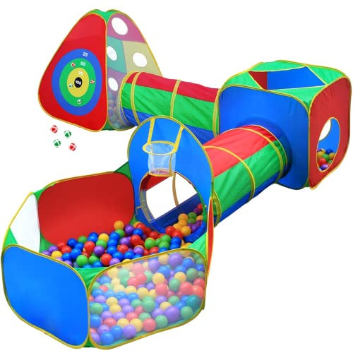 Hide N Side 5Pc Kids Ball Pit Zelte und Tunnel, Kleinkind Klettergerüst Spielzelt mit Play Crawl Tunnel Spielzeug, Pit Balls Nicht enthalten, Indoor Outdoor Geschenk, Zielspiel W / 4 Dart Balls