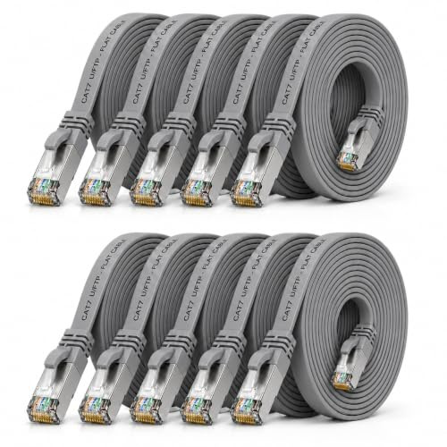 10x Cavo Ethernet LAN CAT7 piatto 10m U/FTP 10 Gbit/s RJ45 Cat6a grigio | Cavo di rete Ethernet piatto e flessibile, rame U/FTP, LSZH, 10 Gbit/s per router, modem, switch, PC, TV, console, NAS e hub.