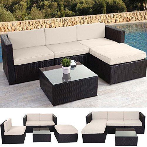 Mendler Poly-Rattan-Garnitur HWC-D28, Gartengarnitur Sofa Set - braun, Polster Creme ohne Deko-Kissen/Abdeckung