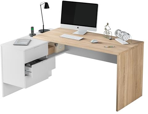 Habitdesign Vanilla B01 Scrivania angolare, Legno ingegnerizzato, Bianco, 145 x 108 x 73 cm