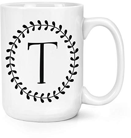 Letter T Floral Wreath Alphabet 15oz Large Mug Cup