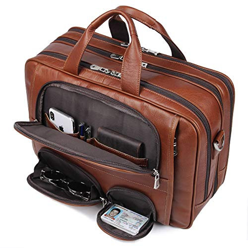 Augus Business Travel Briefcase Genuine Leather Duffel Bags for Men Laptop Bag fits 15.6 inches Laptop, Light Brown, OneSize, Detachable