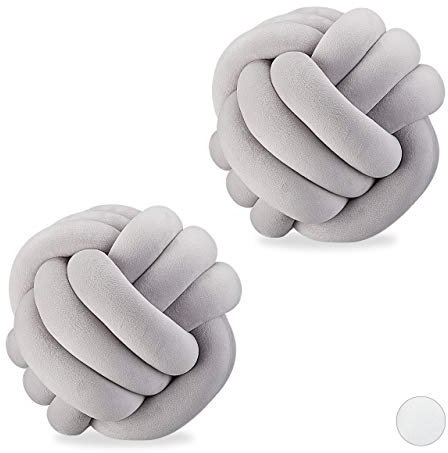Relaxdays 2 x Knotenkissen, geknotetes Kissen für Sofa, Bett, dekorativ, skandinavisch, Zierkissen Knoten, Ø 25 cm, grau