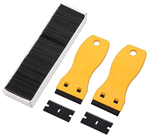 FOSHIO 2 PCS Raschietti in plastica con 100 Lame in raschietto in plastica, Raschietto plastica dura, Rimozione Adesivo in plastica, Rimozione della Colla in Vinile (giallo)