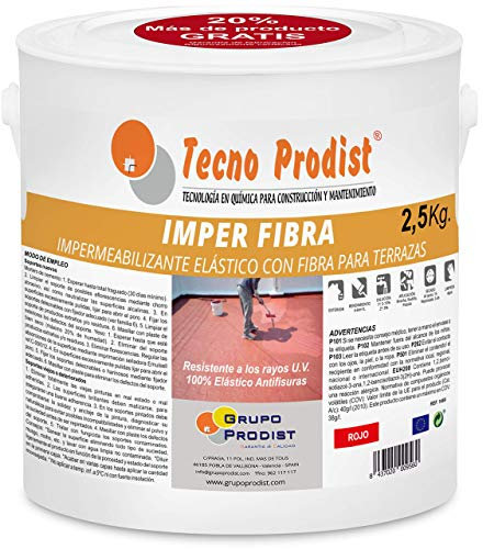 Tecno Prodist IMPER FIBRA (2,5 Kg, ROJO) Pintura Terrazas Impermeabilizante y elástica con Fibras Incorporadas - Gran cubrición - (A Rodillo o brocha, disponible en color rojo o blanco)