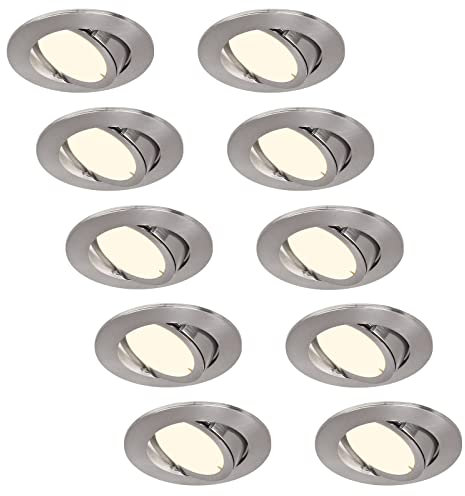 HCFEI 10er set LED Einbaustrahler dimmbar matt-chrom schwenkbar 5W flach 230V Einbau-Spot Strahler Einbauspot 68mm Bohrloch, 120°Abstrahlwinkel, Warmweiß 3000K