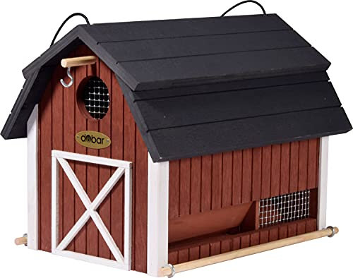 dobar® Green Label 98760FSCe Vogelfutterhaus Katthult hängend - Vogelhaus Massivholz - Futterstation Wildvögel - Vogelvilla zum Aufhängen - Futterspender Scheunen-Design - 31,5 x 22 x 24 cm - Rot