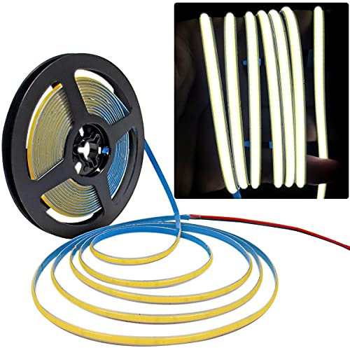 Tesfish LED Streifen Lichts 24V, 5mm Breit Ultra Dünn Band COB Weiß 6000K 5M 480 LEDs/M Insgesamt 2400 LEDs Neon Licht Flexibel Lichtleisten Leiste für Party, Theke, Regal, Wohnkultur