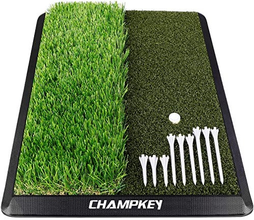 CHAMPKEY Dual Turf Golf Club Mat with 9 Golf Tees and 1 Rubber Tee, Heavy Duty Rubber Backing, Ideal for Indoor and Outdoor Training