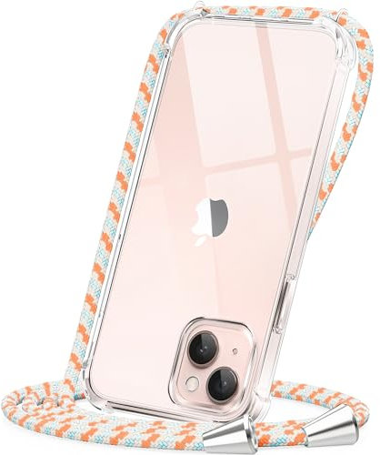 CAROKI Compatible with iPhone 13 Crossbody Phone Case, Lanyard Protective Case with Adjustable Length Lanyard Rope Shockproof Hands-Free Clear Transparent TPU Silicone for iPhone 13-Orange Blue