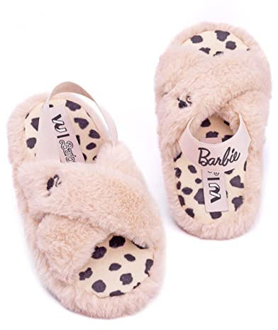 Barbie Girls Slippers | Kids Doll Logo Slip On Fluffy Pink House Sliders | Children Teens Leopard Animal Insoles Cross Strap Shoes With Supportive Strap
