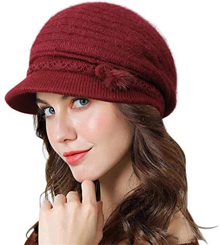 Genfien Barette für Damen Brim Cap Newsboy Cap für Damen Baskenmütze Dickes Fleece Gefüttert Retro-lässige Häkelmode Gestrickte Strickmütze Leichte Winter One Size,Rotwein