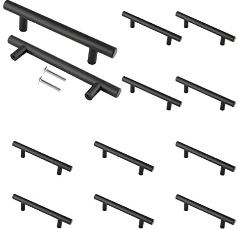 Cjueiom 12 Pack Matt Black Cupboard Handles 76mm Hole Center T Bar Handles, Stainless Steel Drawer Long Wardrobe Door Pulls, 127mm Length Kitchen Cabinet for Bedroom