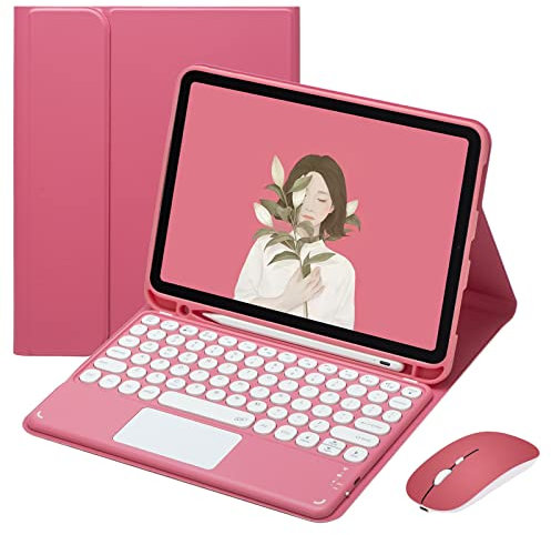 HENGHUI Keyboard Case Mouse for iPad A16 2025 (11th Gen, 11)/ iPad 10th Generation 2022 10.9 Case with Detachable Color TouchPad Keyboard Case Cute Round Key (Dark Pink)