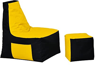 MB MILLINDABAG – Optimal Sitzsack mit Lehne & Hocker - für Kinder und Erwachsene – Sessel – Kissen – Indoor & Outdoor – Gaminggeignet & bereits gefüllt - Sitzkissen Bodenkissen (Schwarz - Gelb)