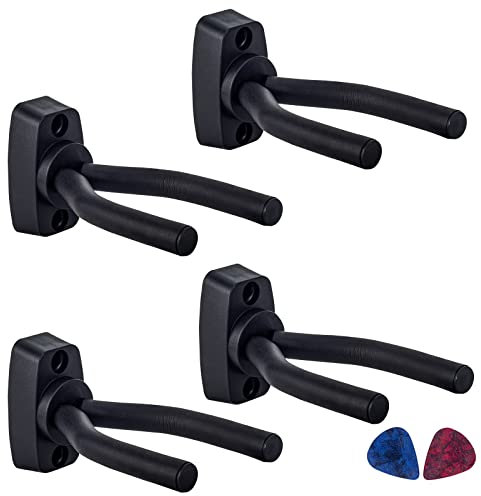 4 Pack Guitar Wall Mount Hanger, Black Wall Mount Guitar Rack Hook Holder Stand Fits All Size Guitars, Bass, Mandolin, Banjo, Ukulele