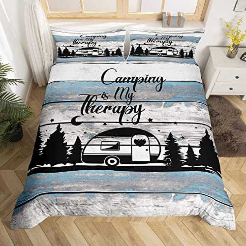 Bettwäsche 135x200 Happy Camping Camper Bettbezug Set 2 Teilig rustikales Bauernhaus Microfaser Weich Bettbezüge + 1 Kissenbezug 80x80 cm, mit Reißverschluss