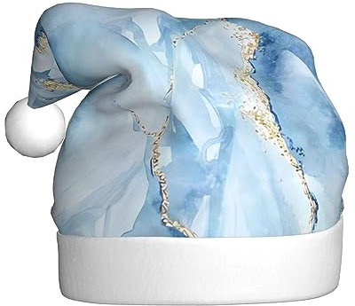 Weihnachtsmütze, weiß-blauer Marmor-Druck, Plüsch-Weihnachtsmütze, Unisex, Weihnachtsmütze für Weihnachten, Neujahr, festliche Feiertagsparty