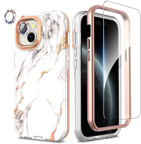 SHEDEER 4-in-1 iPhone 15 Hülle mit Schutzfolie + Stoßfänger & Kameraschutz | Militärischer Stoßfest 360°-Schutz, 15 Hülle Glänzend Fade-Resistant Muster-Design Handy Case (Marmor)
