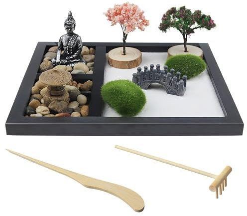 Nizirioo Zen - Set da giardino Mini Zen Garden Zen, sabbia, ornamenti per meditazione giapponese, Zen, sabbia, in miniatura, regalo, mini meditazione, roccia, giardino, base in legno per relax