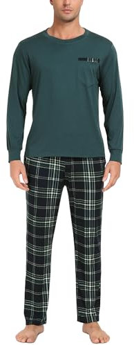 Vlazom Herren Pyjama Set Lang Zweiteiliger Schlafanzug Herren Kariert Flanell Hose und einfärbiger T-Shirt(S,Stil D-Dunkel Grün)