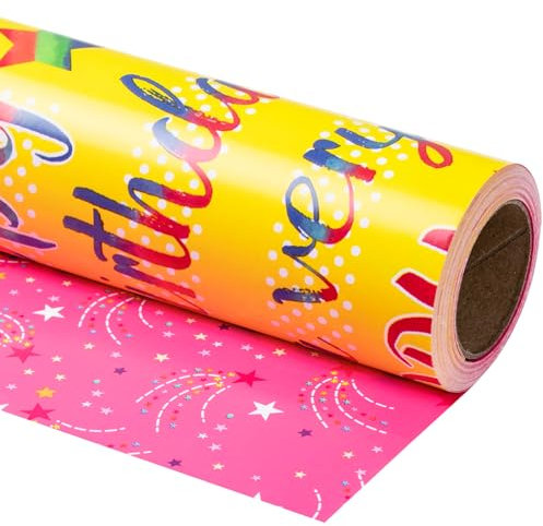 RUSPEPA Wende-Geschenkpapierrolle – buntes „Happy Birthday“-Muster, ideal für Geburtstag, Babyparty, Party – 44,5 cm x 10 m