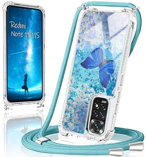 Handykette für Xiaomi Redmi Note 11/11S Hülle mit Band,Handyhülle Xiaomi Redmi Note 11/11S Glitzer Schmetterling mit Kette TPU Slim Bumper Kratzfest Stoßfest Schmetterling Schutzhülle mit Kordel