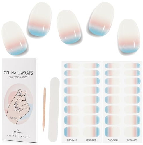 Kalolar 32 Stück Gel Nagellack Aufkleber, UV Gel Nagelfolie Selbstklebende Vollverpackungs Gel Nagelsticker Wraps, Wasserdichte Gel Nail Sticker für Frauen Mädchen (Farbverlauf Blau Weiß)