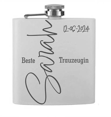 Flachmann weiß matt, 150 ml, 6 Oz mit Gravur, personalisierte Flasche zur Hochzeit, Trauzeugen Geschenk
