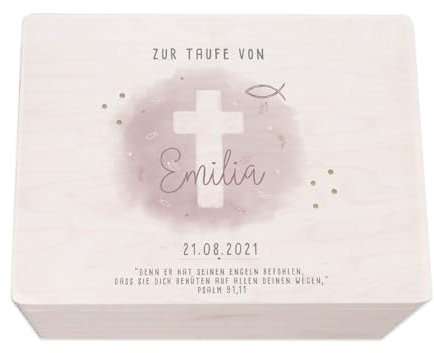 hellomini Taufgeschenke - Personalisierte Erinnerungsbox Taufe aus Holz - Taufgeschenke für Mädchen - Taufgeschenke Jungen - Taufe Geschenk (Kreuz rosa Druck, S: 30x20x14cm)