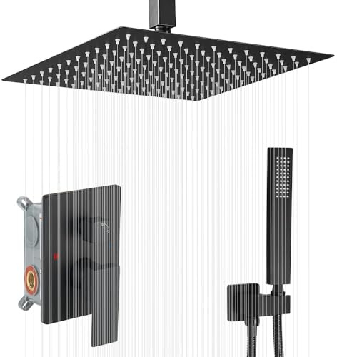 JingGang 40,6 cm Deckenhalterung Mattschwarz Duschsystem Badezimmer Luxus Regenmischer Dusche Combo Set Decke Regendusche Duschkopf System (enthält Duscharmatur, grobes Ventilkörper und Zierleiste)