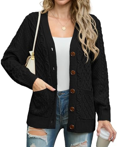 GRECERELLE Womens Cardigans Knit Ladies Long Sleeve Button Down Oversized Aran Cable Knitted Jumper Cardigan Knitwear with Pockets (Black,M)