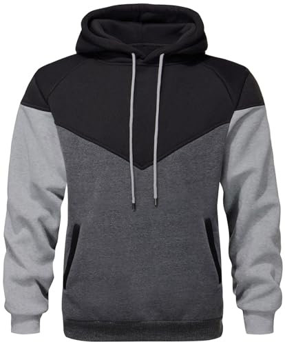comefohome Mens Hoodies UK Pullover Color Block Sweatshirts Long Sleeve Fleece Hoody Drawstring Casual Designer Tops with Pockets Black Grey L
