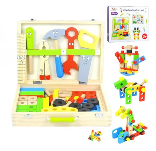 Valigetta degli attrezzi per bambini con set di attrezzi in legno da 69 pezzi, giocattolo Montessori per bambini di 3 4 5 6 7 anni Apprendimento precoce,creazione,banco da lavoro,costruzione di steli